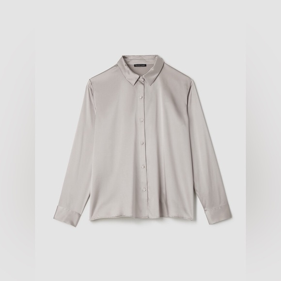 NWT Eileen Fisher Stretch Silk Charmeuse Classic Collar Shirt in Chalk - Picture 5 of 11